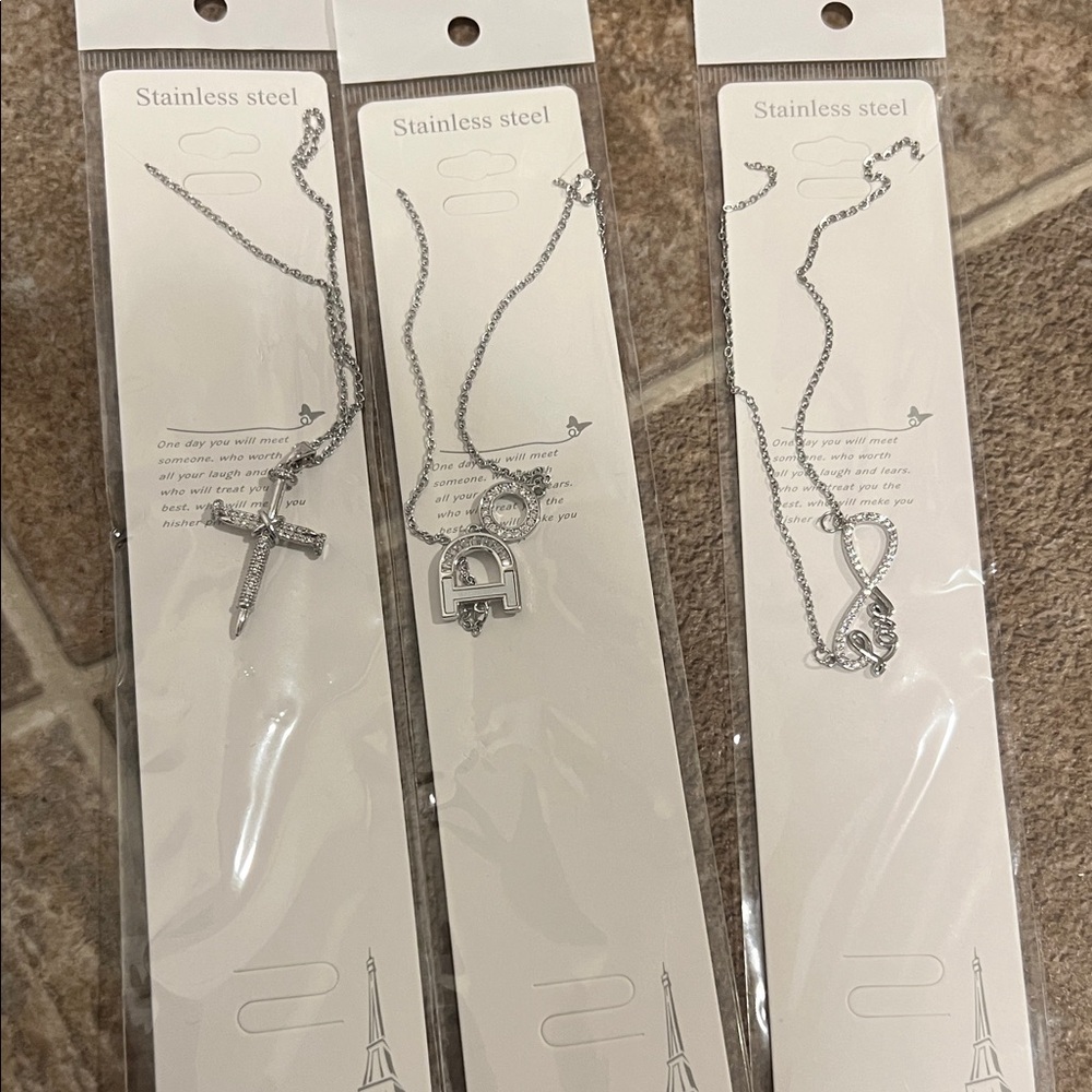 Set of 3  Pendant Necklaces - Cross, Lock & Infinity - Silver